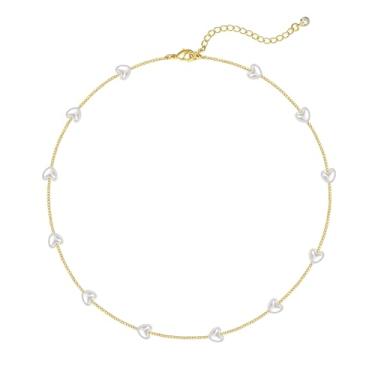 Imagem de Zeffy Colar de pérolas de ouro, colar de coração como pérolas, colares delicados para mulheres, joias de verão, gargantilha de ouro e pérola para colares de pérolas brancas como presente de casamento