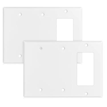 Imagem de Kingdder 2 peças, três gangs, duas placas de parede em branco, aço inoxidável, placa de interruptor de luz branca, acabamento brilhante, tamanho 3 unidades, 11,4 x 16,2 cm, receptáculo de tomada Gfci