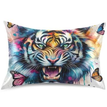 Imagem de Capa de almofada refrescante de cetim com estampa de aquarela de tigre padrão Queen King, tamanho Queen, 76 cm x 50 cm