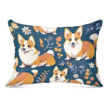 Imagem de Linda fronha decorativa azul flor de cachorro poliéster padrão king queen size fronha com estampa animal para sofá cama de casa, tamanho king, 50,8 cm x 101,6 cm