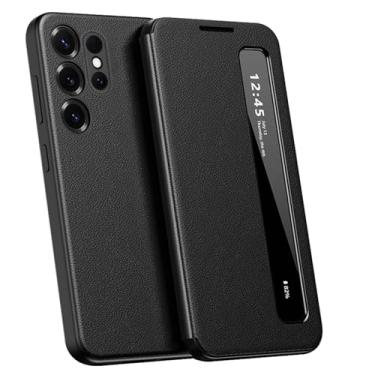 Imagem de LTLMYDAM Capa de couro para Samsung Galaxy S25 Ultra/S25 Plus/S25, Smart Wake Flip View Business Case Capa de proteção de lente de janela lateral, preta, S25 Ultra