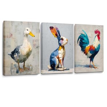Imagem de Conjunto de 3 arte de parede de animais de fazenda | Impressões de galo de coelho de pato | Decoração moderna de berçário de fazenda | Pinturas em tela estilo boho para sala de estar, quarto de