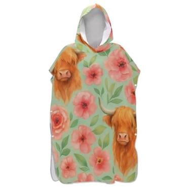 Imagem de Cute Highland Cows Pink Flowers Surf Poncho Trocador Roupão Adulto Praia Com Capuz Toalha de Banho Plus Size Masculino Poncho com Capuz