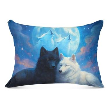 Imagem de Capa de almofada decorativa de lobo preto e branco com zíper padrão king queen size impressão artística capa de almofada para cama grande, tamanho Queen, 50,8 cm x 76,2 cm