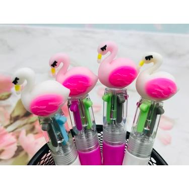 Imagem de 24 canetas esferográficas fofas mini flamingo multicoloridas em uma 4 em 1 para crianças, canetas esferográficas kawaii, tinta sortida, presente de aniversário, presente de estudante, material escolar