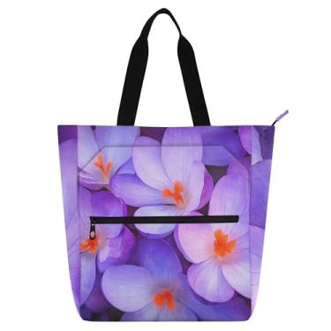 Imagem de GAIGEO Linda sacola feminina floral roxa Crocuses para trabalho lona praia livro sacola com zíper bolsa feminina infantil com compartimentos
