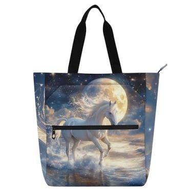 Imagem de GAIGEO Bolsa feminina de trabalho com cavalo branco, mar, lua, lona, com zíper, bolsas para professores, amantes de livros