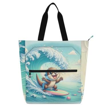 Imagem de GAIGEO Lindas bolsas de trabalho de lontra de desenho animado para mulheres, bolsas de lona de lona, bolsas de mão para faculdade, escola, senhoras, crianças, com compartimentos