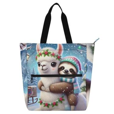 Imagem de GAIGEO Linda bolsa de mão de preguiça abraçando lhama para mulheres, bolsas de tecido de lona para trabalho, faculdade, escola, utilitário, escritório, com compartimentos