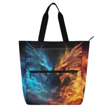 Imagem de GAIGEO Sacola feminina Dragons Fighting Flames Bolsa de trabalho de lona para escola de praia para professores presente para amantes de livros