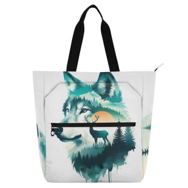 Imagem de GAIGEO Bolsa de mão feminina com zíper para escola e trabalho em aquarela floresta de veados lobos