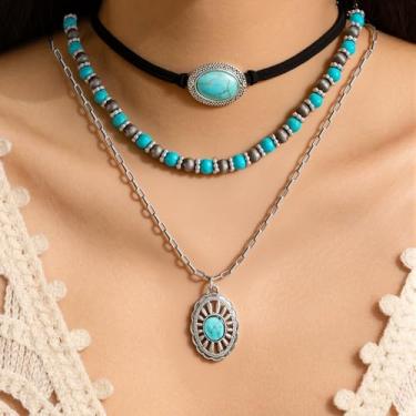 Imagem de Colar com pingente de imitação de turquesa, colar em camadas empilhadas, colar de pedra de cristal colorido para mulheres, Large, Metal metal Imitação de turquesa, imitação de cristal