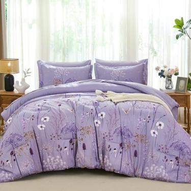 Imagem de Yiran Conjunto de edredom Queen, 7 peças, floral, roxo, cama botânica dente-de-leão em uma bolsa, conjunto de cama completo de microfibra macia com edredom, lençóis, fronhas e fronhas