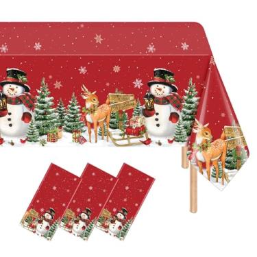 Imagem de Denwiller 3 peças de toalha de mesa vermelha de boneco de neve de Natal, toalha de mesa de Natal vermelha descartável, toalha de mesa de árvore de Natal de plástico para suprimentos de festa de