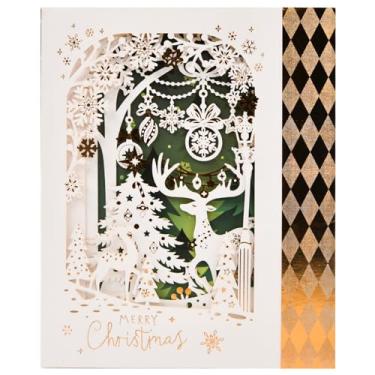 Imagem de Cartão pop-up 3D cortado a laser de 4 camadas com folha dourada e envelope - Arte de papel retrô para Natal, aniversário, decoração de férias (presente elegante)