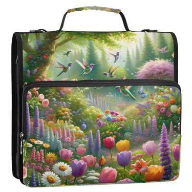 Imagem de Organizador de fichário com zíper, beija-flores, jardim, 3 anéis, anel D de 3,8 cm, bolsa para fichários escolares com alça de ombro, portfólio e estojo para pasta de anel