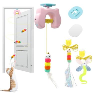 Imagem de ZABARE Brinquedos interativos para gatos, brinquedos para pendurar gatos em ambientes internos com 1 lagarta e 2 brinquedos de pássaros voadores, moldura de porta automática para gatos adultos