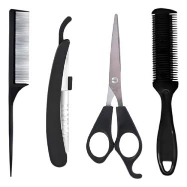 Imagem de Kit Profissional de Barbeiro e Cabeleireiro, 4 Peças, Aço Inox, Preto, com Tesoura, Navalha, Pente e Desfiador