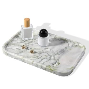 Imagem de Karibiber Bandeja de mármore luxuosa, bancada de banheiro, mármore/pedra bianco, organizador de cômoda decorativo para casa, armazenamento para pia de cozinha, suporte de joias de perfume (verde e
