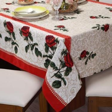 Imagem de Toalha De Mesa 8 Cadeiras 2,50m x 1,45m Linhão Várias Estampas Algodão(Rosas Vermelhas Barra)