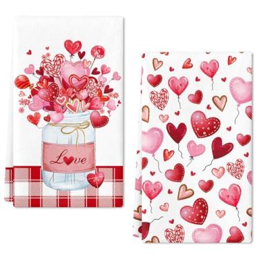 Imagem de Lebsitey Conjunto de toalhas de cozinha para o dia dos namorados, conjunto de 2,40 x 61 cm, vaso vermelho do amor, toalhas de mão para o dia dos namorados, toalhas de prato com balão de coração, panos