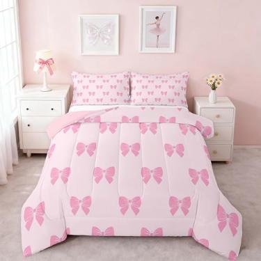 Imagem de Feelyou Conjunto de edredom com laço rosa, tamanho solteiro, kawaii, para crianças, adolescentes, edredom fofo com gravata borboleta, decoração de quarto, 2 peças com 1 fronha