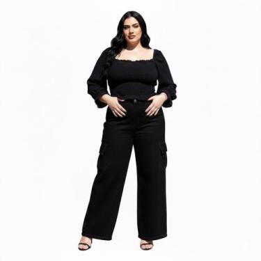 Imagem de Calça Jeans Feminina Wide Leg Preta Rasgada Plus Size Lycra - By Reemb