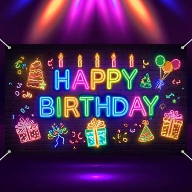 Imagem de BlissYard Banner neon feliz aniversário brilhante decoração festa fundo 71 x 43 polegadas com bolo presentes balões chapéu design cabine foto decoração pano de fundo para qualquer ocasião de