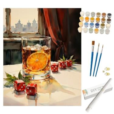 Imagem de Kit de pintura por números Still Life para adultos – Pintura DIY de uísque e fatia de laranja enrolada em tela 40,6 x 50 cm, conjunto de tinta acrílica, adequado para iniciantes, arte para decoração