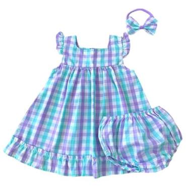 Imagem de Vestido Bebê Menina Xadrez Lilás e Verde com Tiara e Calcinha 100 Algo