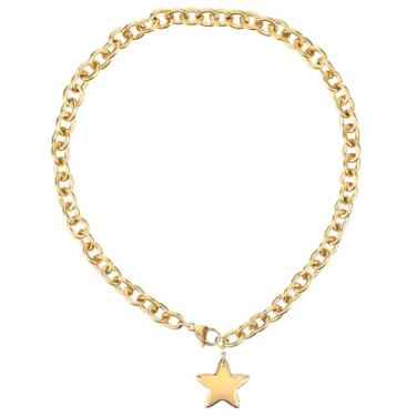 Imagem de Gsbnjuy Colar com pingente de coração de estrela de ouro grosso para mulheres, gargantilha de corrente grossa, joia moderna, vintage, colar de estrela dourada para presentes de aniversário, feriados