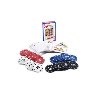 Imagem de Jogo de Poker Kit Baralho 54 Cartas + 24 Fichas Profissionais Diversão