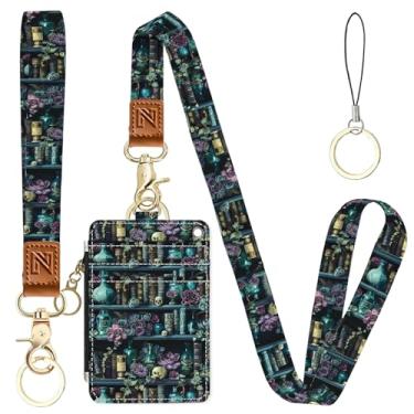 Imagem de Bookshelve Porta-crachá de identificação 2 em 1 e carteira com cordão para professores, enfermeiras, profissionais - linda bolsa de moedas com zíper, alça de pulso removível e cordão de pescoço, 5