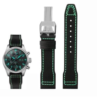 Imagem de ORKDFJ Pulseira masculina de couro bovino de nylon de alta densidade para IWC Mark Pilot Prince Bertolo Portugal 20 pulseira masculina de couro bovino de nylon (linha verde prata, 21 mm)