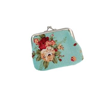 Imagem de Porta-moedas com fivela floral fofa, bolsa vintage, carteira feminina com fecho de beijo, Azul