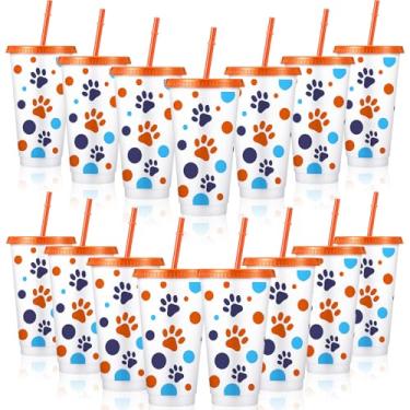 Imagem de Jingmore 15 conjuntos de copos de plástico reutilizáveis de pata de cachorro de 680 g com tampa e canudinhos com estampa fofa de cachorro, lembrancinha de festa temática de aniversário