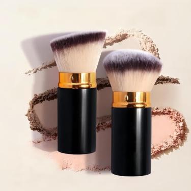 Imagem de Conjunto de pincéis de maquiagem retráteis Kabuki, 2 peças, conjunto de pincéis de blush portátil com topo plano e angular para creme líquido, cosméticos, viagens, (preto)