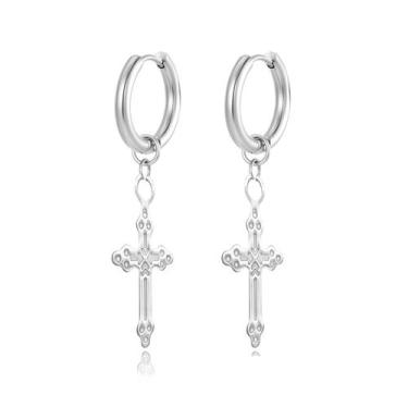 Imagem de par de brinco de argola banhado feminino mini cruz em aço inox prata n
