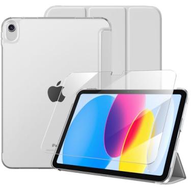 Imagem de Massten Capa para iPad (A16) 11ª geração 2025 com protetor de tela, capa para iPad 10.9 polegadas 2022 linda fina rígida translúcida traseira totalmente protetora com três dobras, cinza claro
