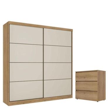 Imagem de Guarda Roupa Casal Malaga 2 Portas Capuccino Off White Acetinado E Cômoda Gaveteiro Condessa Capuccino - Thb