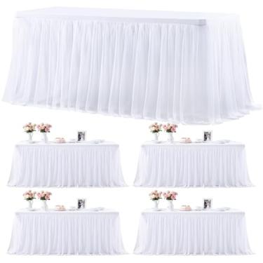 Imagem de Pacote com 4 toalhas de mesa brancas de 1,8 m, toalha de mesa retangular de tule, toalhas de mesa brancas ajustadas para mesas retangulares de 1,8 m, capas de mesa de elastano elásticas para festas