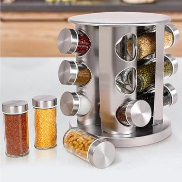 Imagem de Porta Condimentos Temperos Giratório 12 Potes Vidro com Tampa Inox Organizador Cozinha Compacto