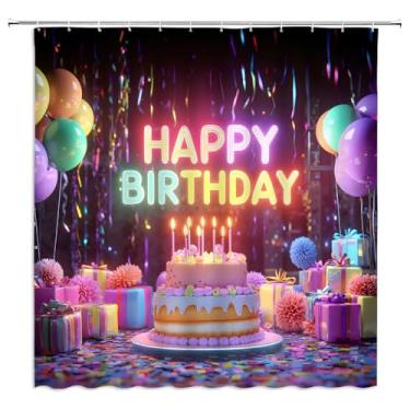 Imagem de YSSFAV Cortina de chuveiro Happy Birthday com fundo de festa de aniversário colorido conjunto de cortinas de banheiro com ganchos, 177,8 cm L x 177,8 cm A