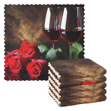 Imagem de ALAZA Rosas vermelhas flores taças de vinho toalhas de cozinha panos de prato absorventes panos de prato macios panos de limpeza de mesa de cozinha 28 x 28 centímetros, conjunto de 6