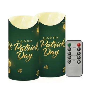 Imagem de Wassud Pacote com 2 velas sem chama Happy St. Patrick's Day com controle remoto, velas realistas cintilantes com temporizador, velas decorativas para Natal, casamento, festa, decoração de casa média