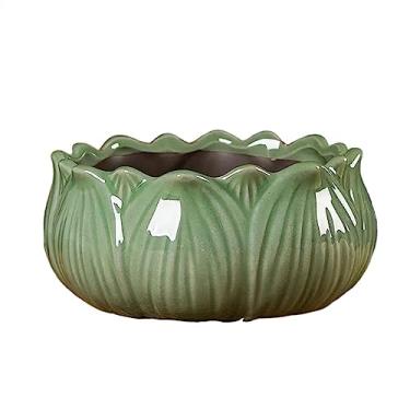 Imagem de KEG801302 Vasos de flores podem ser preenchidos com água vasos de cerâmica hidropônicos grandes retrô em forma de lótus plantadores de grama de cobre/tigela de lírio/plantador verde