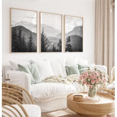 Imagem de Conjunto de arte de parede preto e branco com 3 montanhas da floresta, pôster emoldurado, imagens de montanhas da floresta, pintura de parede em tela para decoração de quarto de casa com moldura