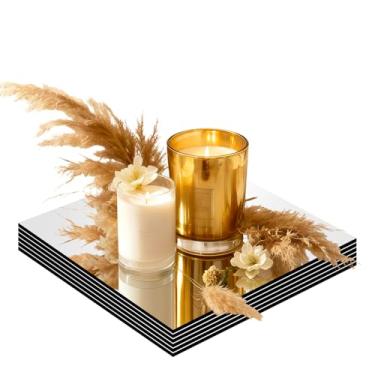 Imagem de Pacote com 6 placas quadradas de velas espelhadas para centros de mesa, bandeja espelhada acrílica de 20 cm, placas de vela para centros de mesa, 2 mm, vidro montado na parede para centros de mesa