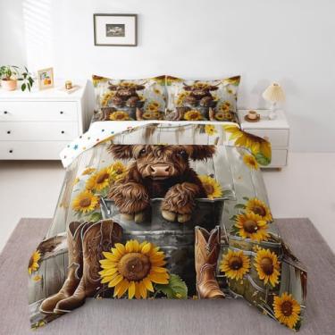 Imagem de Feelyou Jogo de cama solteiro com estampa de vaca Highland, fazenda ocidental, rústica, gado, para crianças, meninos, meninas, girassol, decoração de quarto, microfibra, 2 peças com 1 fronha