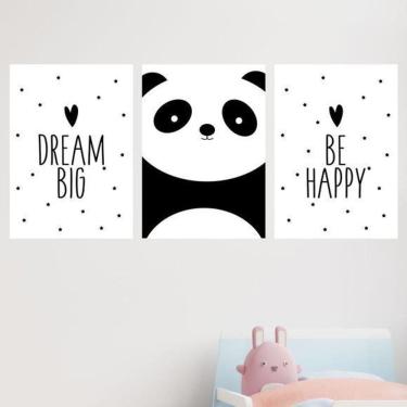 Imagem de Quadros Panda Dream Big Be Happy Moldura Branca 24X18Cm 3Un